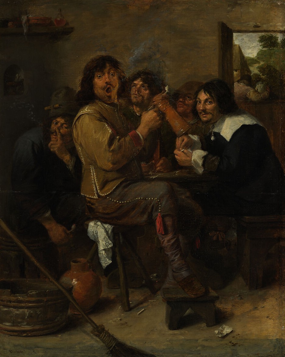 painting, a group of men sitting at a table smoking, one with a comically shocked expressions