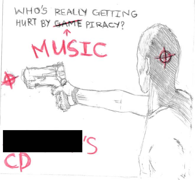sketch of man holding a gun with a target on the back of his head, accompanied by the words 'who's really
                getting hurt by music piracy'