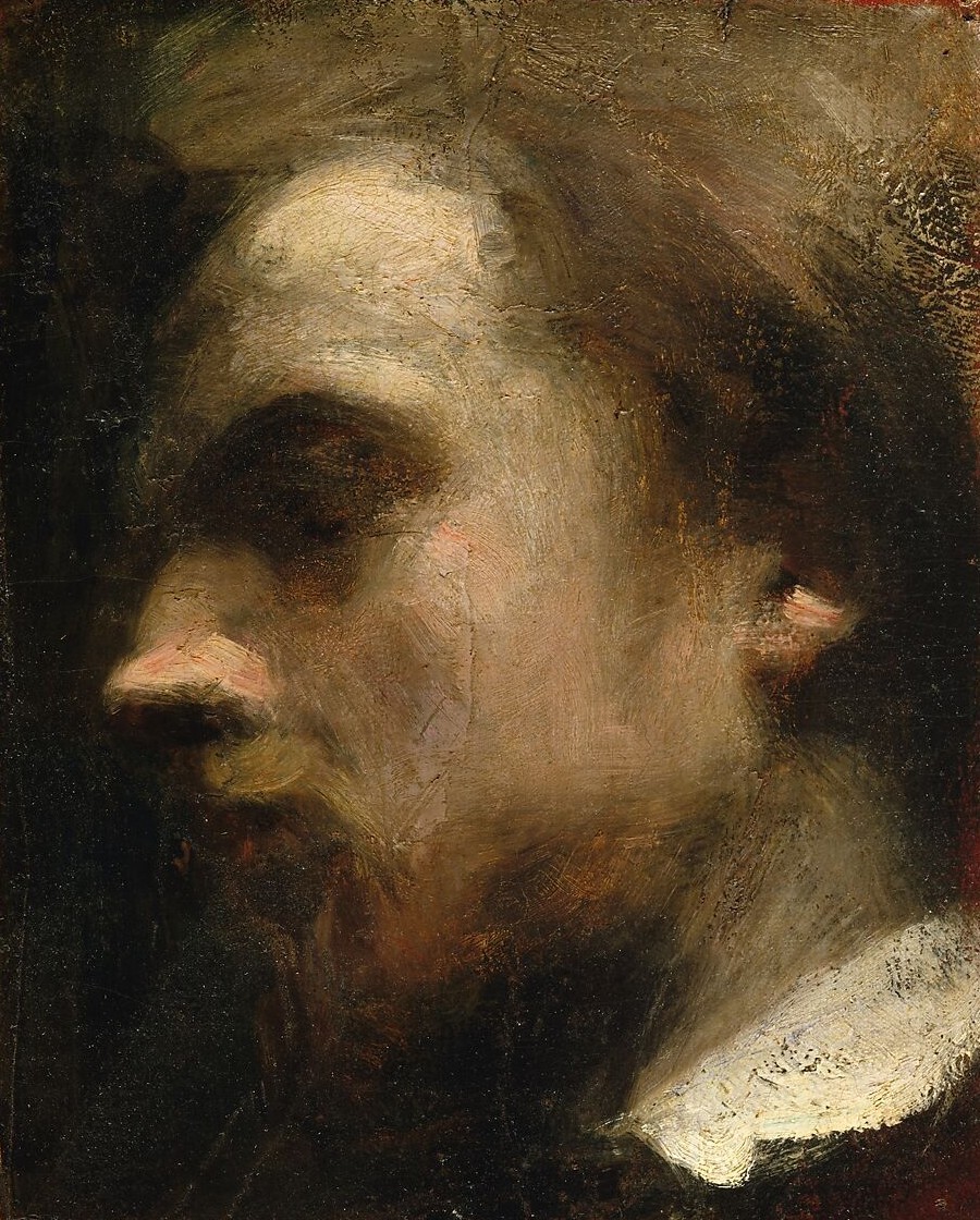 painting, the head of a brown-haired man looking to the left, slightly blurred