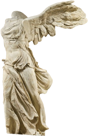 sculpture of winged nike, missing her head and her arms